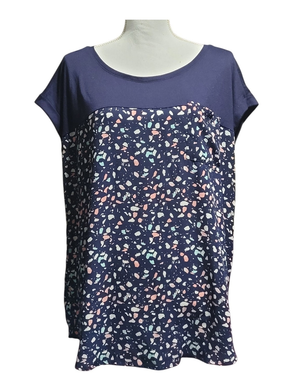 Terrazzo Print Mixed Media Top Navy